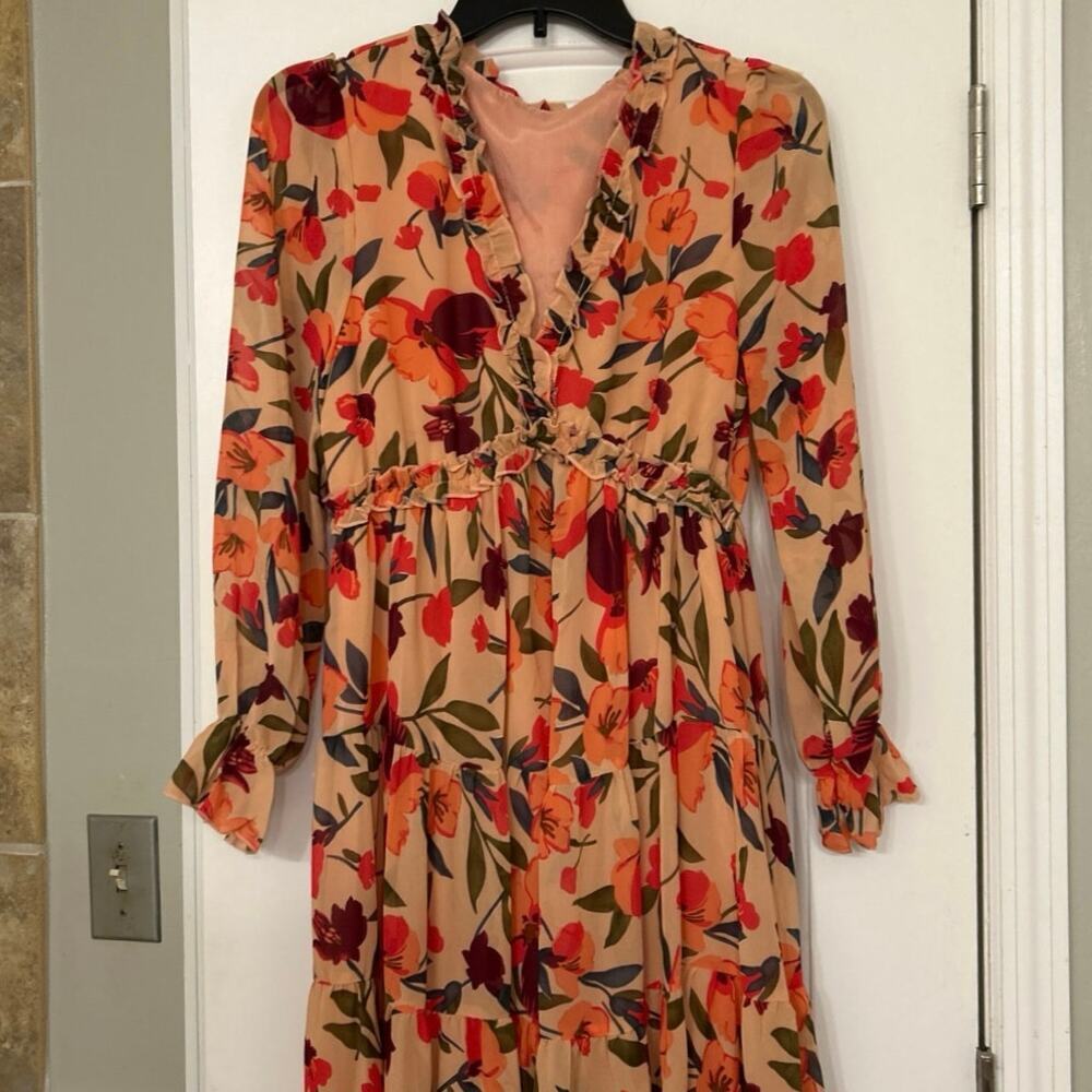 Peachy Pink Floral Empire Waist Ruffle Tiered Maxi Dress Boho Cottagecore Small - Picture 6 of 16